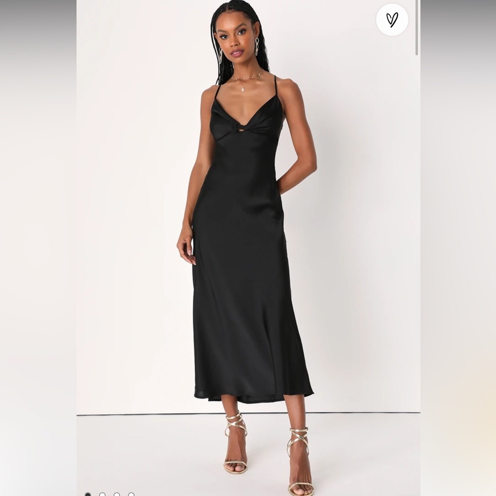 Romantic Flirt Black Satin Twist-Front Midi Dress